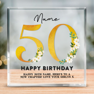 Happy 50th Birthday Personalized Acrylic Block With Names - 50 Years Old Birthday Keepsake Gift - Unique 50th Birthday Gifts For Women Men