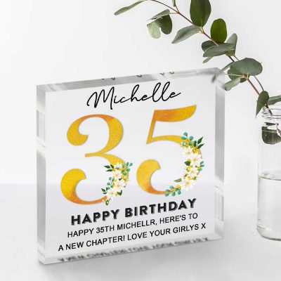 Happy 35th Birthday Personalized Acrylic Block With Names - 35 Years Old Birthday Keepsake Gift - Unique 35th Birthday Gifts For Women Men