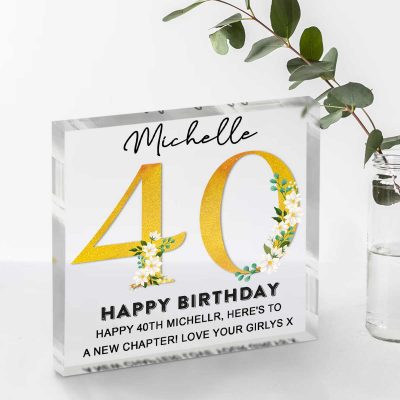 Happy 40th Birthday Personalized Acrylic Block With Names - 40 Years Old Birthday Keepsake Gift - Unique 40th Birthday Gifts For Women Men
