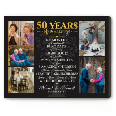 50 Years Of Marriage Family Tree Canvas Print - Gift for Parents Golden Anniversary - Personalized 50th Anniversary Keepsake Gift