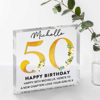 Happy 50th Birthday Personalized Acrylic Block With Names - 50 Years Old Birthday Keepsake Gift - Unique 50th Birthday Gifts For Women Men