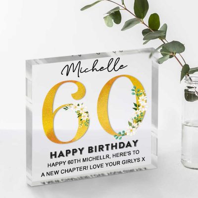 Happy 60th Birthday Personalized Acrylic Block With Names - 60 Years Old Birthday Keepsake Gift - Unique 60th Birthday Gifts For Women Men