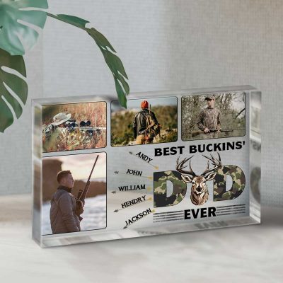 Personalized Best Buckin Dad Hunting Acrylic Plaque - Dad with Kids Names Block - Customized Dad Hunting Gift - Deer Hunting Season Gift