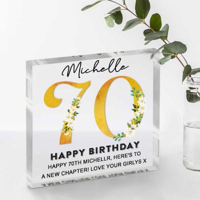 Happy 70th Birthday Personalized Acrylic Block With Names - 70 Years Old Birthday Keepsake Gift - Unique 70th Birthday Gifts For Women