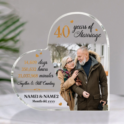 40 Years Of Marriage - Personalized Photo 40th Anniversary Heart Acrylic Plaque - Ruby 40th Anniversary Keepsake Gift For Husband Wife Parents