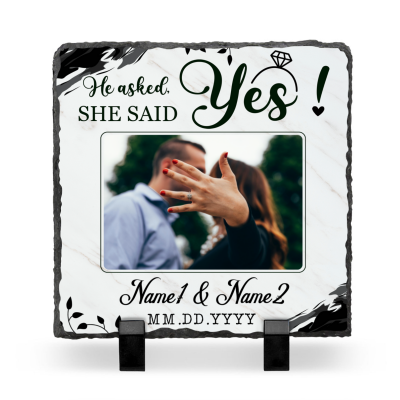 He Asked She Said Yes - Personalized Engagement Slate With Photo - Gifts For Newly Engaged Couple - Bride To Be Gift