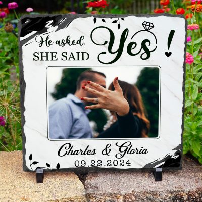 He Asked She Said Yes - Personalized Engagement Slate With Photo - Gifts For Newly Engaged Couple - Bride To Be Gift