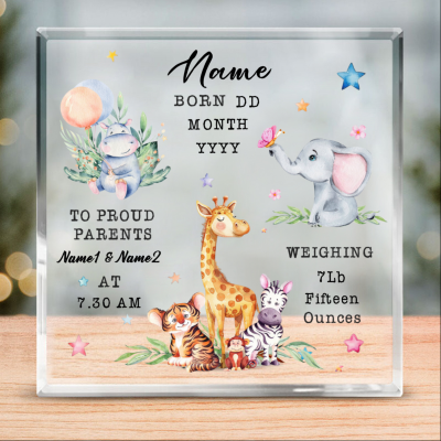 Personalized New Baby Birth Nursery Christening Acrylic Block - Safari Animal New Baby Keepsake Gift - Gifts For New Parents