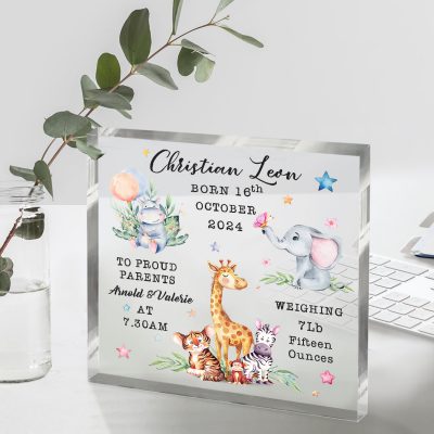Personalized New Baby Birth Nursery Christening Acrylic Block - Safari Animal New Baby Keepsake Gift - Gifts For New Parents