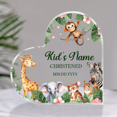 Custom Safari Animals Baptism Heart Acrylic Plaque With Names - Personalized Christening Keepsake Gift - Baptised Gift - Godparents Gift