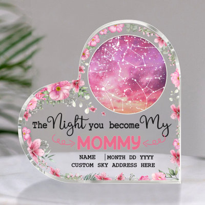 The Night You Became My Mommy - Personalized Star Map Heart Acrylic Plaque - Custom Night Sky Gifts For New Mom