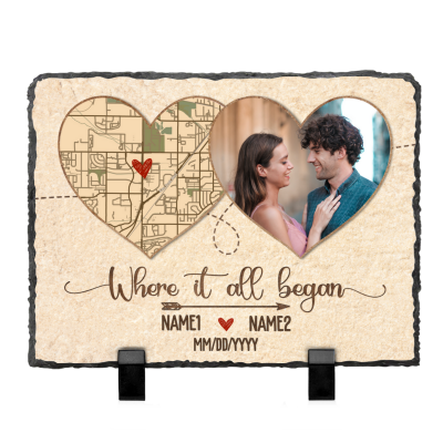 Where It All Began – Personalized Heart Location Map Rock Slate With Photo – Custom Valentines Anniversary Gift For Her Him – Map Gifts For Couple