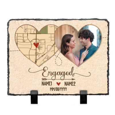 Personalized Engagement Location Map Rock Slate With Photo - Gift For Newly Engaged Couple - Engagement Custom Keepsake Gift