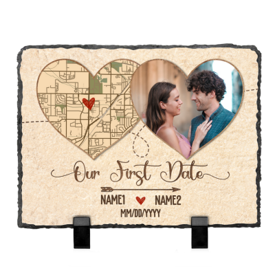 Our First Date Gifts - Personalized Heart Location Map Rock Slate With Photo - First Date Keepsake Gifts - First Anniversary Valentines Gift