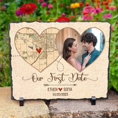 Our First Date Gifts - Personalized Heart Location Map Rock Slate With Photo - First Date Keepsake Gifts - First Anniversary Gift