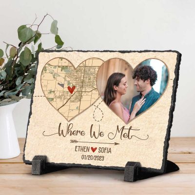 Where We Met - Personalized Heart Location Map Rock Slate With Photo - First Date Memory Map Gifts - Custom Anniversary Gifts For Him Her