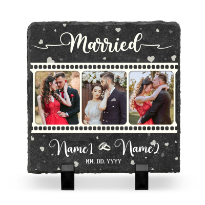 Married Personalized Photo Rock Slate - Wedding Gift For Couple - Keepsake Newlywed Picture Gift - Bride And Groom Gift