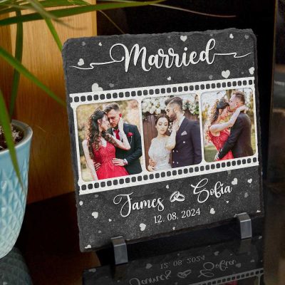 Married Personalized Photo Rock Slate - Wedding Gift For Couple - Keepsake Newlywed Picture Gift - Bride And Groom Gift