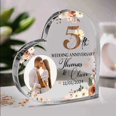 5th Anniversary Gift - Custom 5th Wedding Anniversary Heart Acrylic Block - 5 Year Anniversary Plaque - Wooden Anniversary Gift for Wife