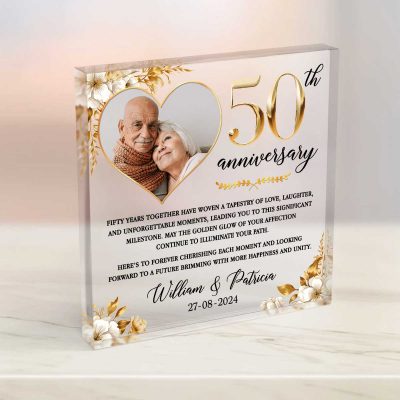 Personalized 50th Wedding Anniversary Heart Acrylic Plaque - 50 Gold Wedding Gifts For Parents - Golden 50 Anniversary Gift, Husband Wife Gift