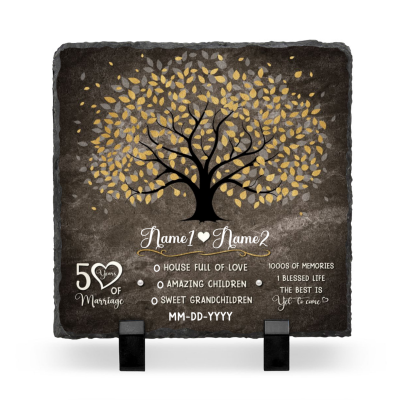 Golden Wedding Anniversary Gift - Personalized Golden Family Tree  Stone Slate - 50 Years Wedding Anniversary Gift For Parent