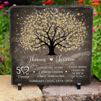 Golden Wedding Anniversary Gift - Personalized Golden Family Tree Stone Slate - 50 Years Wedding Anniversary Gift For Parent