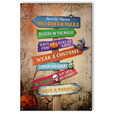Personalized Family Halloween Rules Metal Sign - Custom Sign Happy Halloween - Fall Halloween Decor - Creepy Decor
