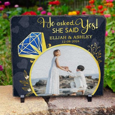 He Asked She Said Yes - Engaged Personalized Photo Stone Plaque - Keepsake Gift For Engagement - Couple Engagement Slate