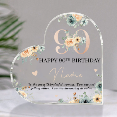 Personalized Happy 90th Birthday Heart Acrylic Plaque - Birthday Gift For Nana Grandma Mom - 90 Years Old Keepsake Gifts for Her