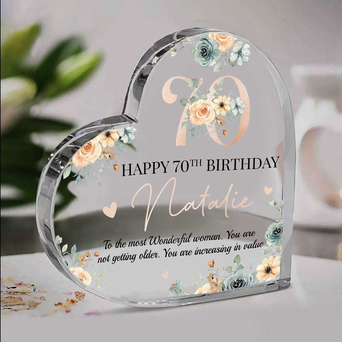 Personalized Happy 70th Birthday Heart Acrylic Plaque, 70th