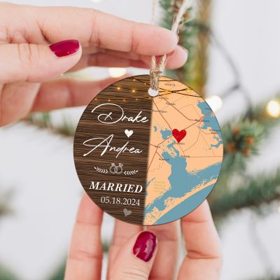 Personalized Location Map Wedding Ceramic Ornament - Ornament Marriage Keepsake Gift - Custom Gift For Newly Engaged