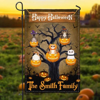 Trick Or Treat Personalized Cat Garden Flag - Custom Cat Halloween Pumpkin Tree Garden Flag - Gift For Cat Lover, Cat Owner - Gift For Halloween