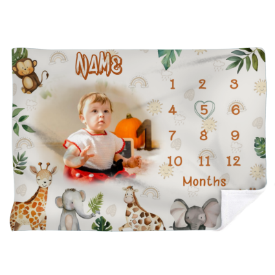 Personalized Safari Baby Milestone Blanket With Picture - Newborn Baby Shower Gift - New Mom Gift - Baby Month Blanket
