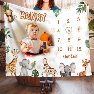 Personalized Safari Baby Milestone Blanket With Picture - Newborn Baby Shower Gift - New Mom Gift - Baby Month Blanket