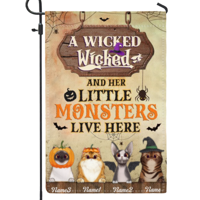 The Wicked Witch And Her Little Monsters Live Here - Personalized Custom Cat Halloween Garden Flag - Gift For Cat Lovers, Cat Owners - Halloween Gifts