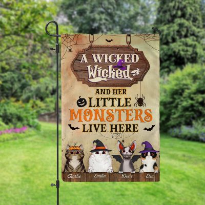 The Wicked Witch And Her Little Monsters Live Here - Personalized Custom Cat Halloween Garden Flag - Gift For Cat Lovers, Cat Owners - Halloween Gifts