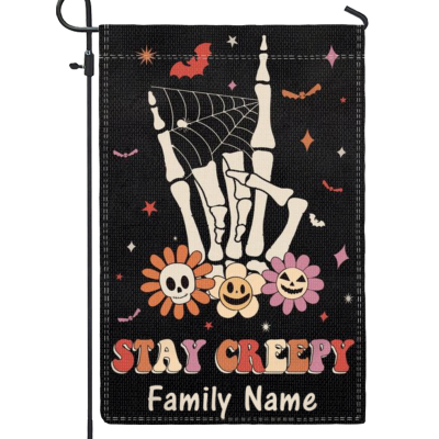 Stay Creepy Personalized Family Name Halloween Flag - Skeleton Hand Sign Halloween Flag - Halloween Family Outdoor Decor