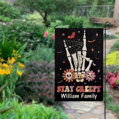 Stay Creepy Personalized Family Name Halloween Flag - Skeleton Hand Sign Halloween Flag - Halloween Family Outdoor Decor
