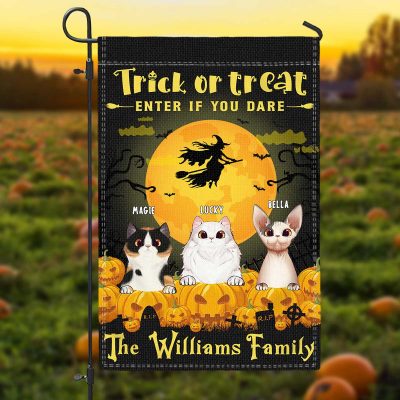 Trick or Treat Funny Cat Halloween Flag - Personalized Cat Pumpkin Halloween Garden Flag - Welcome Halloween Flag - Gifts For Cat Mom Cat Dad