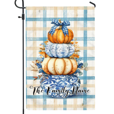 Preppy Chinoiserie Pumpkin Garden Flag, Personalized Family Name Fall Pumpkin Flag, Fall Gift for Housewarming, Halloween Thanksgiving Outdoor Decor