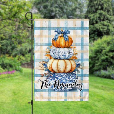 Preppy Chinoiserie Pumpkin Garden Flag, Personalized Family Name Fall Pumpkin Flag, Fall Gift for Housewarming, Halloween Thanksgiving Outdoor Decor