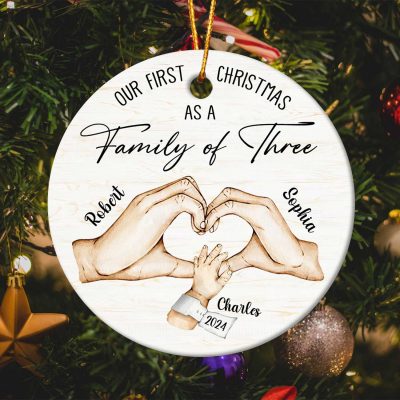First Christmas As Family of Three Ornament, New Baby Christmas Ornament, Personalized Family Ornament