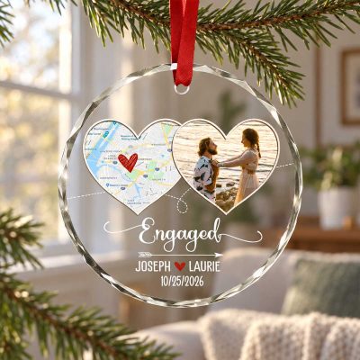 Custom Map Engagement Ornament, Engagement Xmas Glass Ornaments, Personalized Engaged Photo Ornament, Engagement Ornament Gift