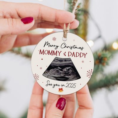 Personalized Pregnancy Announcement New Baby Ornament, Merry Christmas Mommy And Daddy See You In 2025, First Christmas Ornament