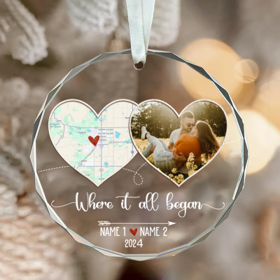 Where It All Began - Couple Personalized Location Map Ornament - First Christmas Couples Glass Ornament - First Day Gift For Her Him