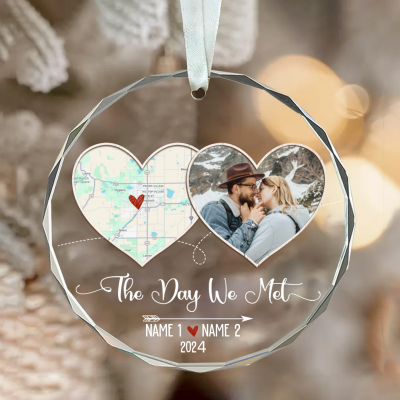 The Day We Met Personalized Map Glass Ornament, Couples First Xmas Picture Ornament, Boyfriend Girlfriend Christmas Ornaments, Custom Gift For Couple
