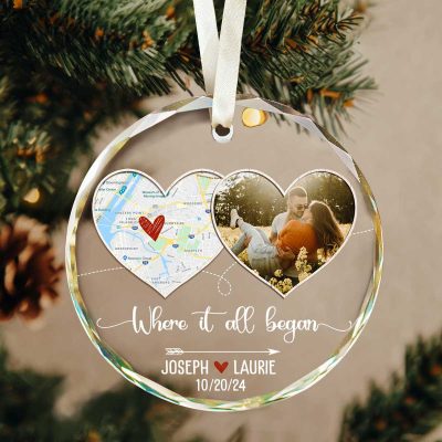 where it all began couple personalized location map ornament first christmas couples glass ornament first day gift for her him