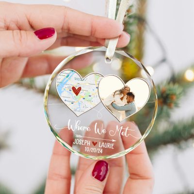 where we met personalized location map ornament couples 1st christmas glass ornament couple photo ornament map christmas gift for boyfriend
