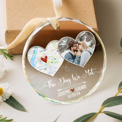 the day we met personalized map glass ornament couples first xmas picture ornament boyfriend girlfriend christmas ornaments custom gift for couple