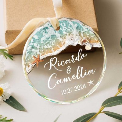 custom couples beach christmas glass ornament personalized engaged ornament 2024 couple names christmas ornament gifts for newly engaged couple